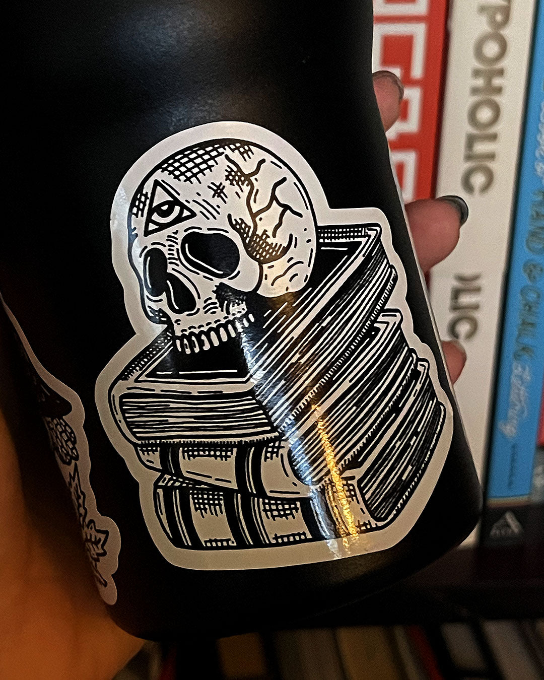 Skull & Stacks: White Vinyl Sticker