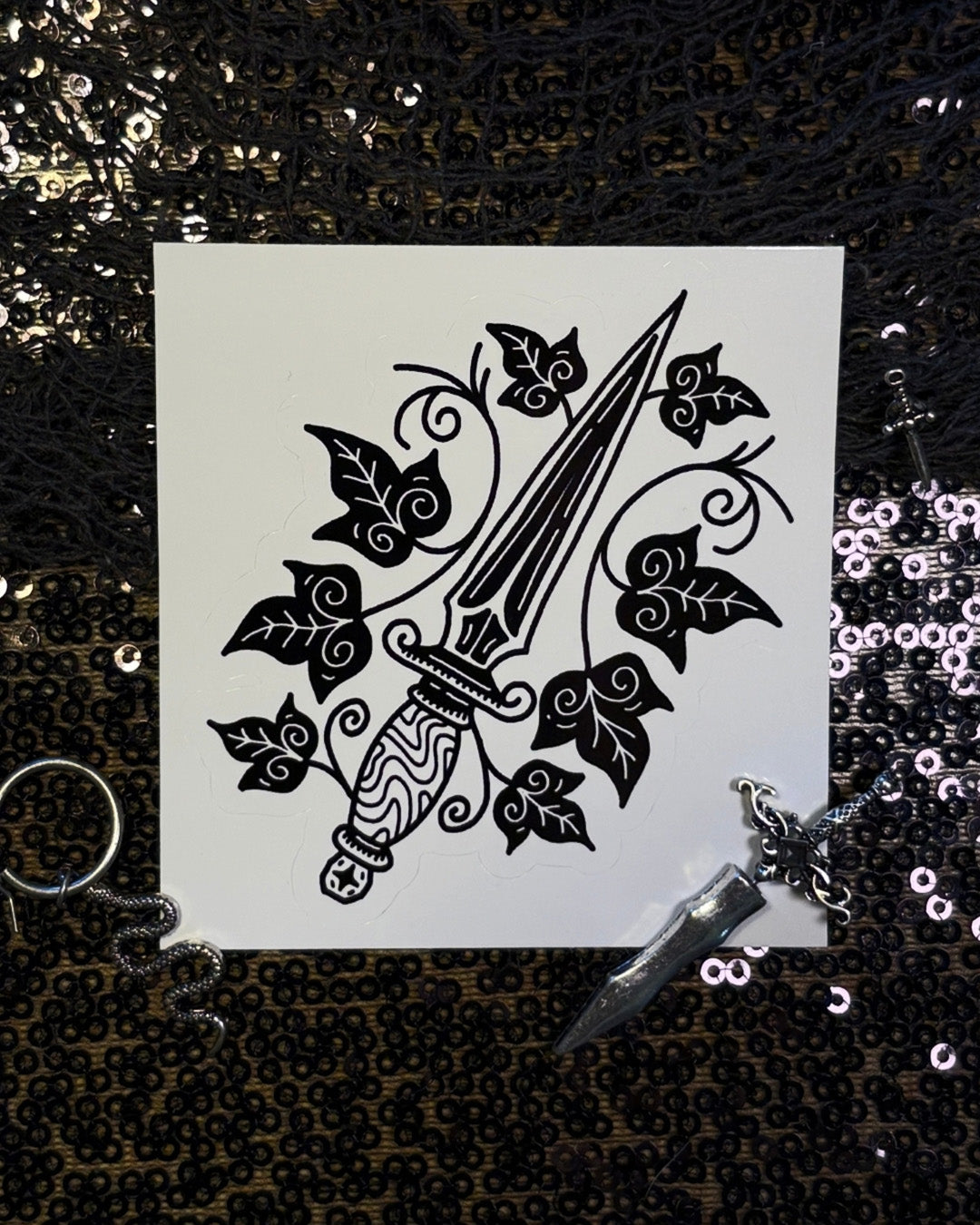 Dagger in the Vines: White Vinyl Sticker