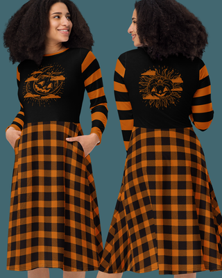 Vintage Pumpkin Long Sleeve Midi Dress