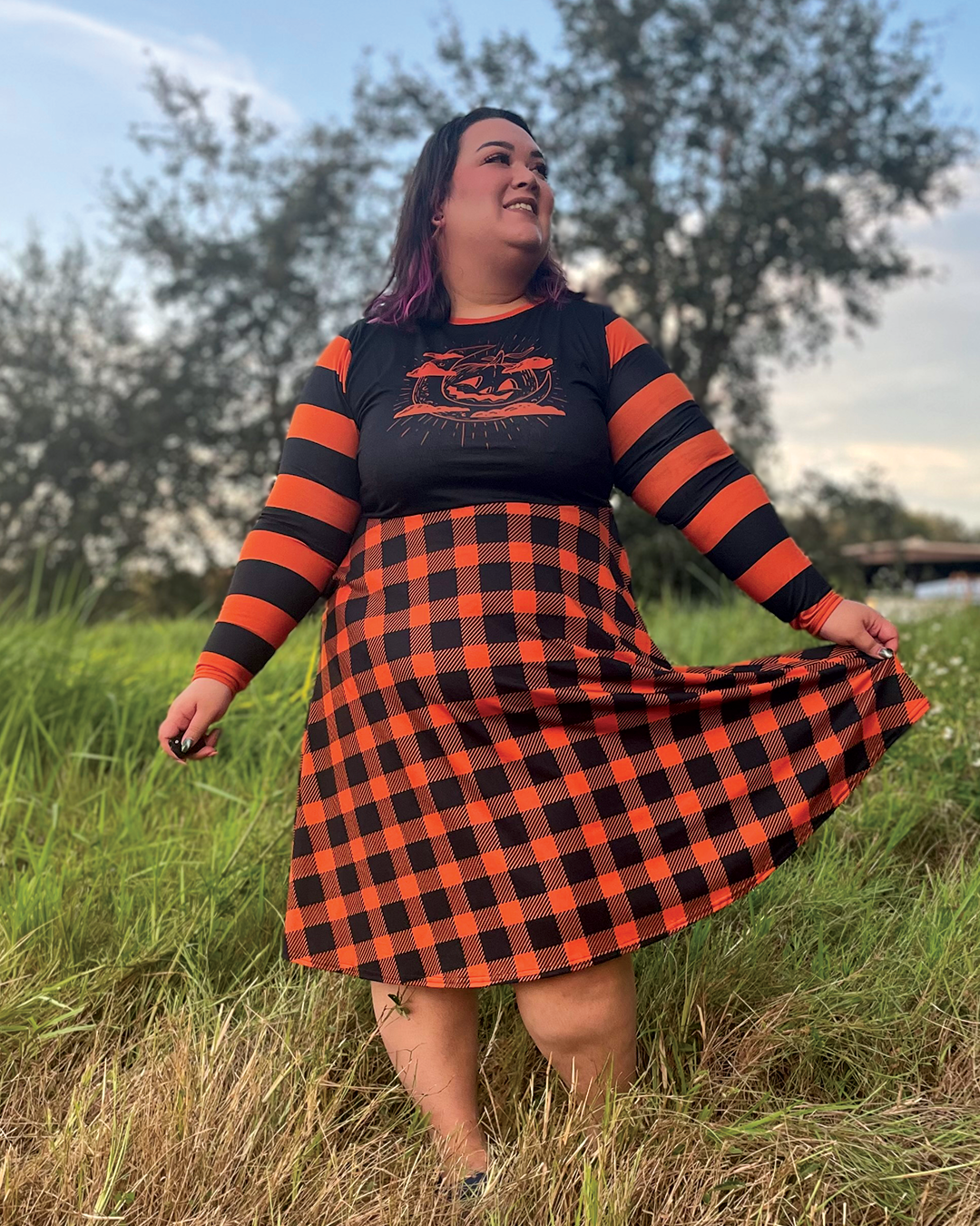 Vintage Pumpkin Long Sleeve Midi Dress